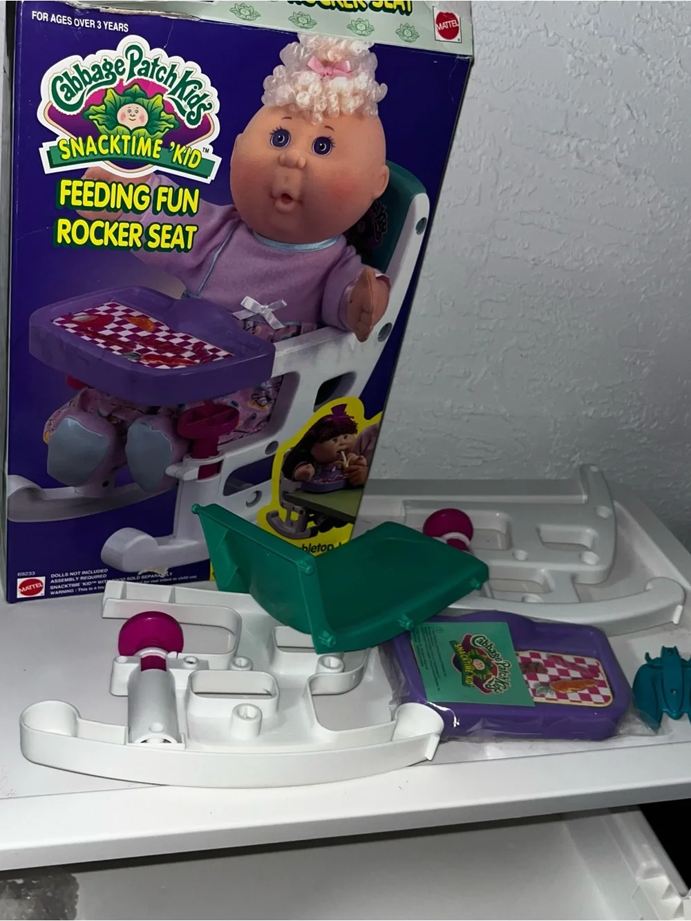 Vintage Cabbage Patch Kid doll Feeding Fun Rocker High Chair Set w box snacktime